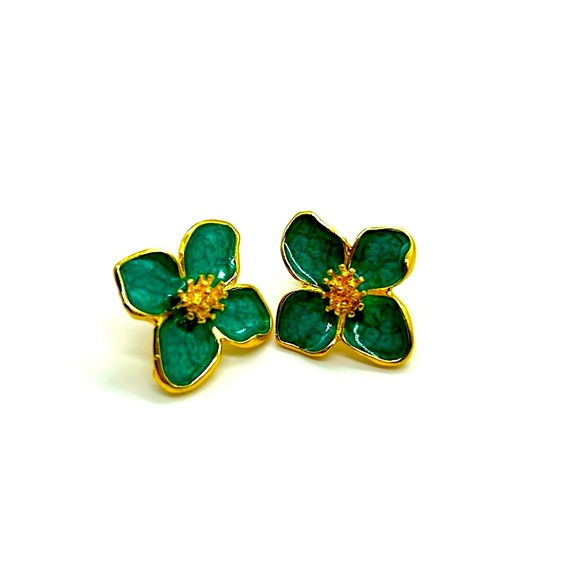 Floral Gold Stud Gold Plated Earrings in Green or White - Picture 3 of 4